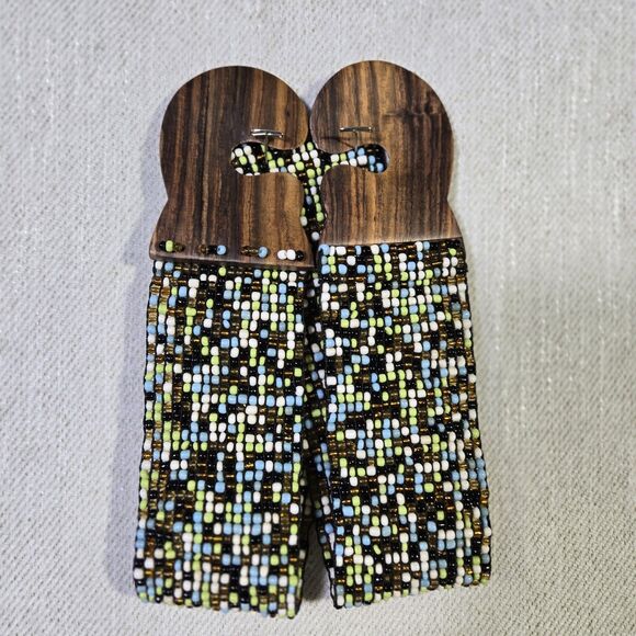 Belt Beaded Boho Locking Wood Clasp  Y2K 32 Inch Brown Blue - Picture 10 of 11